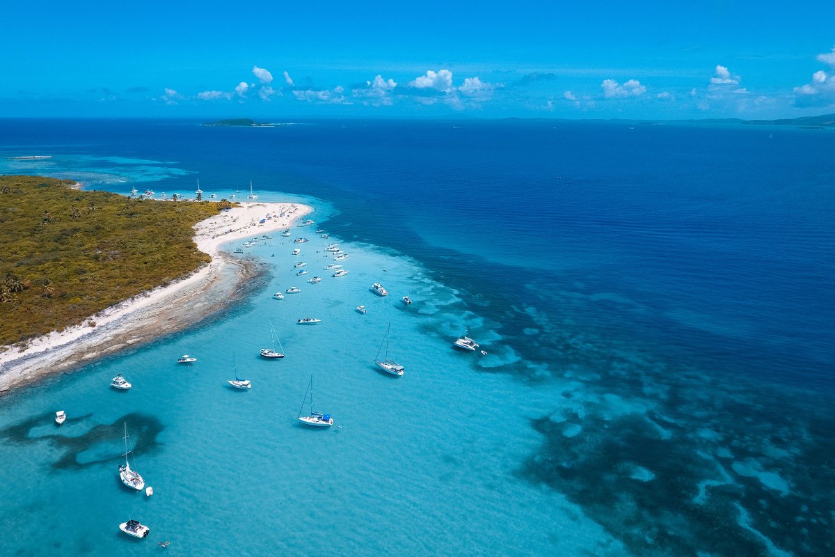 Aerial view of boats anchored in turquoise water at Icacos Island near Fajardo, Puerto Rico